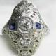 Engagement Ring 1920's Art Deco Ring 0.62cttw Old Europrean Cut Diamonds 0.22cttw French Cut Natural Sapphire Platinum Navette Setting