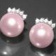 Rosaline Pink Pearl Stud Earrings Blush Pink Pearl CZ Small Bridal Earrings Swarovski 8mm Pearl Sterling Silver Post Wedding Bridal Earrings