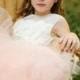 Blush pink flower girl dress "Angelique" with ivory sheer net, ivory lace, pouffy pale blush tulle skirt, rhinestone sash, birthday dress