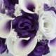 Bridal Bouquets Wedding 17 Piece Package Bouquet Silk Flowers Bride Groom Real Touch Picasso Calla Lily PURPLE WHITE "Lily of Angeles WTPU05