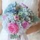 Silk Wedding Bouquet - Blue and Pink Bouquet - Bridal Bouquet - Artifical Bouquet - Pink Roses, Purple Roses, Blue Hydrangeas