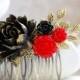 Black and Red Rose Hair Comb Black and Red Wedding Bridal Hair Comb Antique Gold Leaf Branch Victorian Country Chic Goth Gothic Halloween