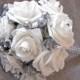Winter Wonderland Wedding Bouquet White Realistic Roses and Silver Accents Pinecones Berries Bride or Bridesmaid