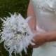 Feather wedding bouquet with crystal flowers and pearls in silver. Brooch bouquet alternative. Crystals. Brides bouquet.