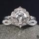 Forever One Moissanite Diamond Halo Cushion Cut Engagement Ring - Leaf Miligrain Wedding Band