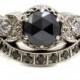 Modern Goth Engagement Ring Set - Black Rose Cut Diamond Moon Phase Stacking Wedding Rings White Gold