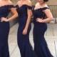 Perfect Navy Blue Bridesmaid Dress - Mermaid Off Shoulder Sweep Train with Beading Lace