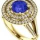 7mm Tanzanite & Diamond Double Halo Split Shank Engagement Ring 14k Yellow Gold or 18k, Gemstone Tanzanite Wedding Rings for Women 1.30 ct
