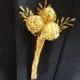 Modern gold wire bauble buttonhole, boutonniere for groom, best man, ushers, father of the bride with gold ribbon and seed bead leaves.
