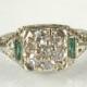 Antique Old European Cut Diamond Engagement Ring with "Synthetic Emerald” GREEN STONE Accents