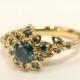Diamond Art Deco Petal Engagement Ring No.2B - 14K Gold and Blue Diamond engagement ring, leaf ring, flower ring, vintage, halo ring