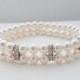 Double Strand Pearl Bridal Bracelet Stretch with Swarovski White Pearls and Rhinestones Wedding Bracelet