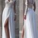 White Side Slit Elegant Long Sleeves Lace Cheap Wedding Party Long Prom Dresses, PD0072