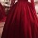 Red burgundy colored long sleeves satin ball gown wedding dress