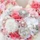 Coral Pink Brooch Bridal Bouquet, Jewelry Bridal Bouquet, Spring Summer Coral Wedding, Silk Flower Wedding Bouquet, Bridesmaid Bouquet, BQ39
