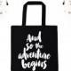 Wedding Tote Bag // Wedding Welcome Bag // Bridal Party Gifts // Bachelorette Party Totes // The Adventure Begins Black Tote Bag