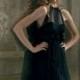 Schwarze Bobinet Shirred Illusion Halsausschnitt Cocktail Brautjungfer Kleid - Festliche Kleider 