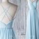 2016 Light Blue Chiffon Bridesmaid Dress with Beading, A Line Wedding Dress, Spaghetti Straps Prom Dress Open Back Floor Length (H291)