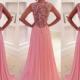 Classic Prom Dress/Evening Dress- Pink A-Line V-Neck Court Train with Appliques from Dressywomen