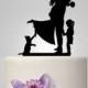 bride and groom Wedding Cake topper with girl, cake topper with cat