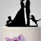 Wedding cake topper with two dog, bride and groom silhouette