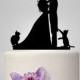 Wedding cake topper with two cats and couple kissing silhouette