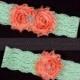 25 PERCENT OFF Bridal, Wedding Garter Set- Coral Shabby Chiffon Flowers, Mint Green Lace
