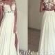 Ivory Chiffon Lace Round Neck Long Prom Dress, Evening Dress