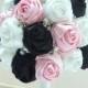 Handmade Satin Rose Bouquet- Black, Ivory & Pink Flower accented with rhinestone (Large, 8-9 inch)