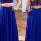 Elegant Two-piece Royal blue Scoop A-line Prom Party Dress with Beading
