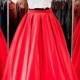 Gorgeous Two-piece Square Neck Red Floor-Length Prom Dress with Lace