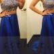 Buy Two-Piece High Neck Royal Blue Satin Sweep Train Beaded Prom Dress Special Occasion Dresses under $189.99 only in Dressthat.