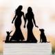 Lesbian Wedding Cake topper with dog. same sex wedding cake topper with cat, couple silhouette, funny wedding cake topper, mrs and mrs