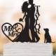 Custom Wedding Cake topper with dog, personalized cake topper with mr and mrs. cake topper with heart decor, family cake topper