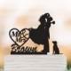 Mr And Mrs Wedding Cake topper with dog, groom kissing bride with personalized name cake topper. unique wedding cake topper, topper wit pet