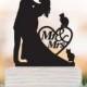 Mr And Mrs Wedding Cake topper with cats include 2 and heart decor, Bride and groom silhouette funny wedding cake topper, topper wit pet