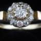 Old Mine Cut Diamonds 18k Yellow Gold Ring Halo Flower Engagement Antique c1800s