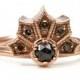 Pointed Crown Ring with a Rose Cut Black Diamond and Champagne Diamond Sides - 14k Rose Gold Modern Engagement Ring