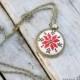 Nordic Red Star embroidered pendant on vintage fabric. Cross stitch pendant necklace. Textile jewelry. Ethnic symbol Alatyr. Christmas gift
