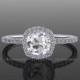Halo Diamond White Sapphire Engagement Ring Cushion Cut 14k White Gold Wedding Ring,  Re00082