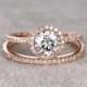 2 Moissanite Bridal Set,Engagement ring Rose gold,Diamond wedding Matching band,14k,6.5mm Round Cut,Gemstone Promise Ring,Pave,Half eternity