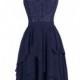 Exquisite A-line Knee Length Chiffon Navy Short Bridesmaid Dress with Lace