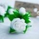 White rose jewelry, white rose earrings, white rose ring, white rose and green leaves, floral jewelry, flower jewelry polymer clay roses