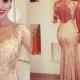 Mermaid Sweetheart Long Sleeves Gold Backless Evening/Prom Dress With Appliques from Tidetell