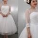 50shouse_ retro feel polka dots tulle with lace 3/4 lace sleeves tea wedding dress_ custom make