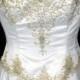 VICTORIAN Crystal Bead Sequin JEWELED Strapless Boned Bodice White Satin Gold EMBROIDERY Ivory Ruffle Pleat Chapel Train Wedding Gown Dress