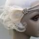 eloise in ivory - flapper headband with double rhinestone band, vintage rhinestone button and ivory peacock feathers