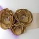 Handmade Golden and Lavender Three Flowers With Feathers Wedding Bridal Sash Belt with Ivory Ribbon