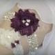 Luxury Garter Set/Eggplant Purple, Wedding Garter Set, Ivory Stretch Lace Garter, Rhinestone garter, Purple Flower Garter Set