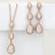 Rose Gold earrings, Rose Gold necklace, Wedding jewelry, Teardrop earrings, Rose Gold jewelry, Long earrings, Jewelry set, Pave style